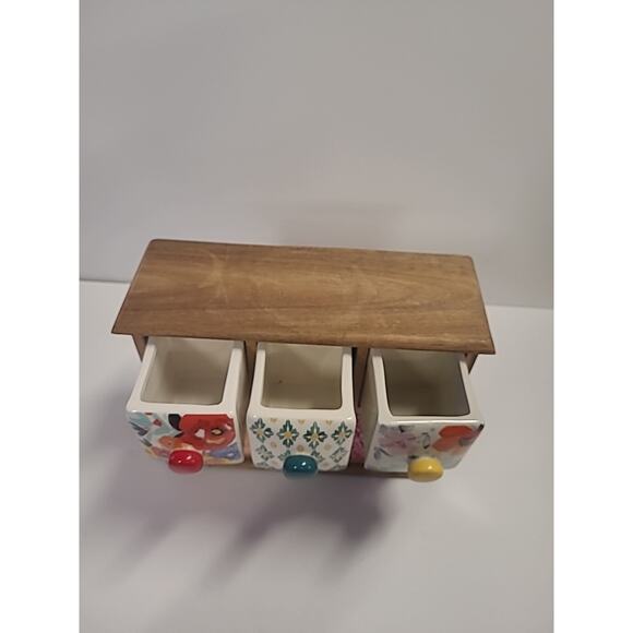 Pioneer Woman Ceramic Floral 6-Drawer Spice Tea Box Holder -Natural Wood - Picture 4 of 12